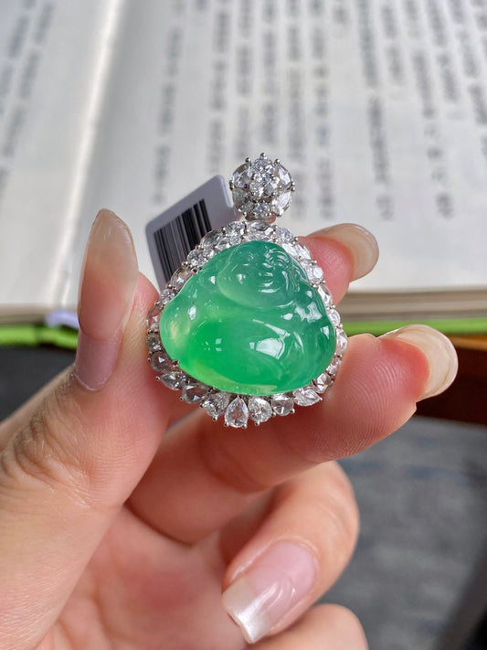 Green jadeite Buddha pendant in silver with round top stones and prong-set halo