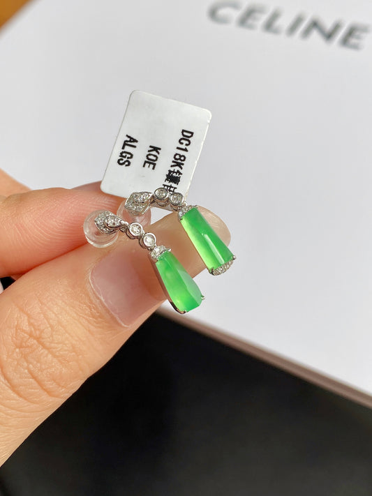 Green jade drop earrings with round crystal accents and silver top setting