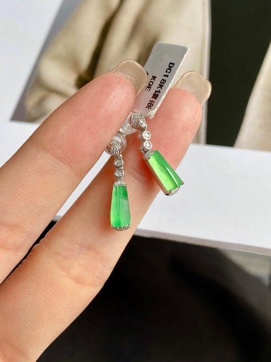 Apple-green jade drop earrings on silver hooks with sparkling round accents