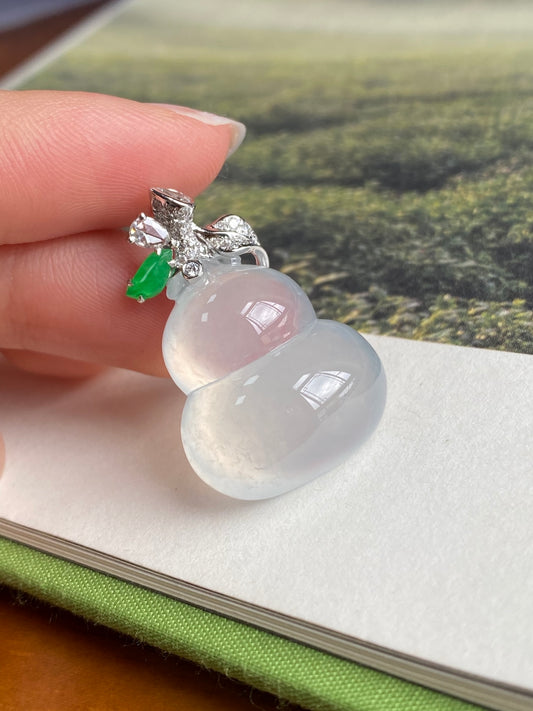 Icy white jade gourd pendant, silver-tone top with green leaf and clear stones