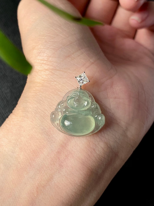 Green jadeite Laughing Buddha pendant on silver bail, square clear top stone