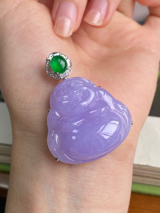 Lavender Buddha pendant with green round stone top in silver halo setting