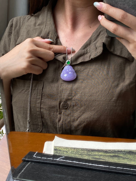 Lavender Buddha pendant on silver chain with green round stone cap