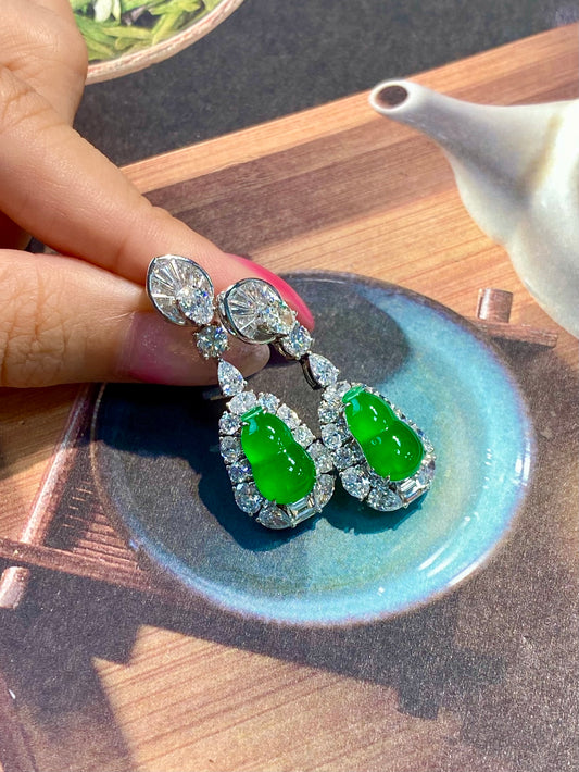 Green jadeite gourd drop earrings with crystal halos