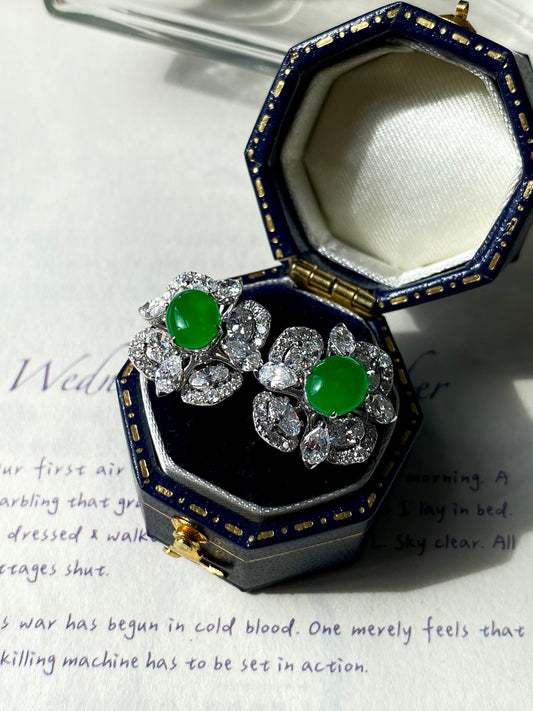 Green jade cabochon stud earrings with clear crystal cluster, in blue gift box