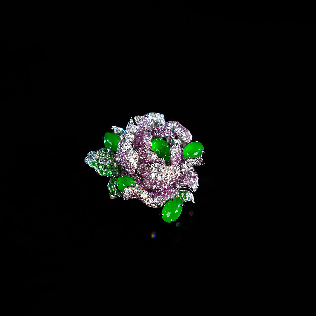 Jadeite camellia ring with green cabochons and pavé colored gemstones