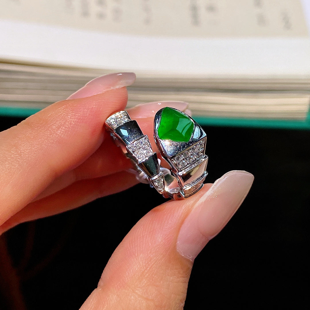 Silver open ring with green freeform jadeite cabochon and square crystal pavé details