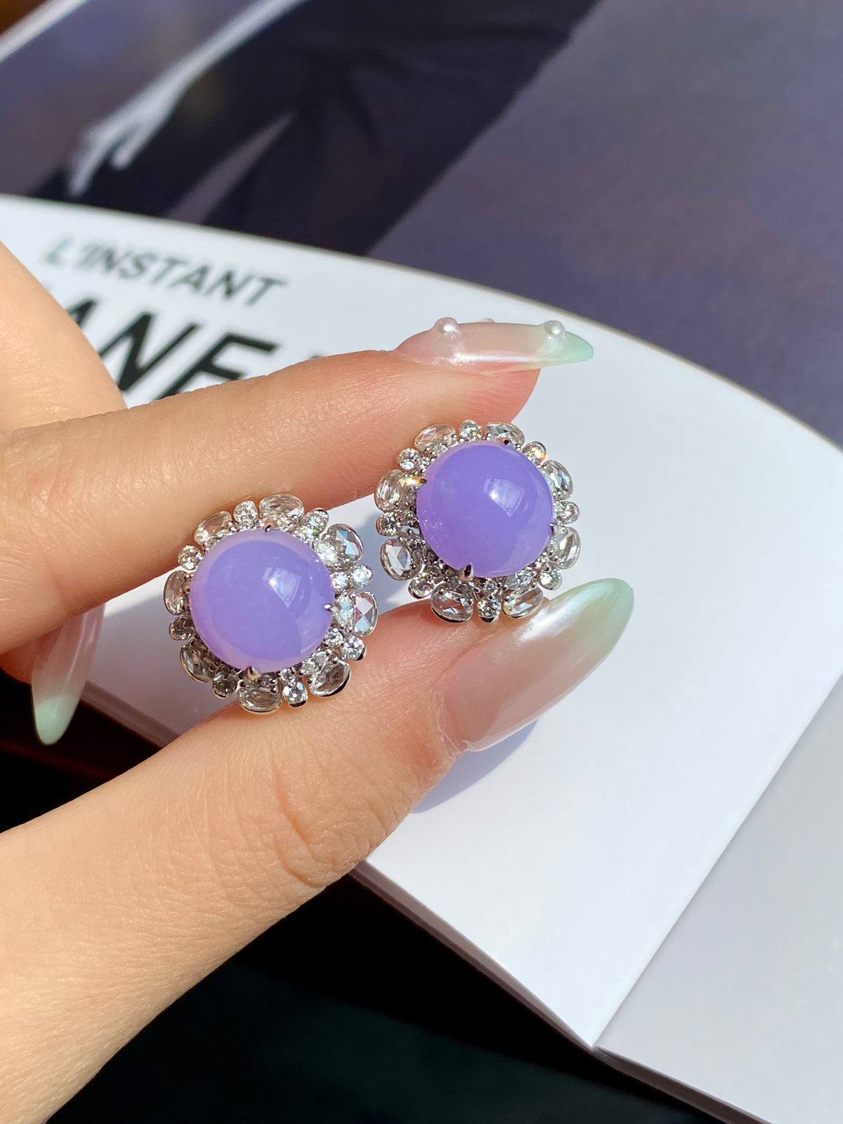 Lavender cabochon stud earrings with rhinestone halo, round purple gemstone in silver