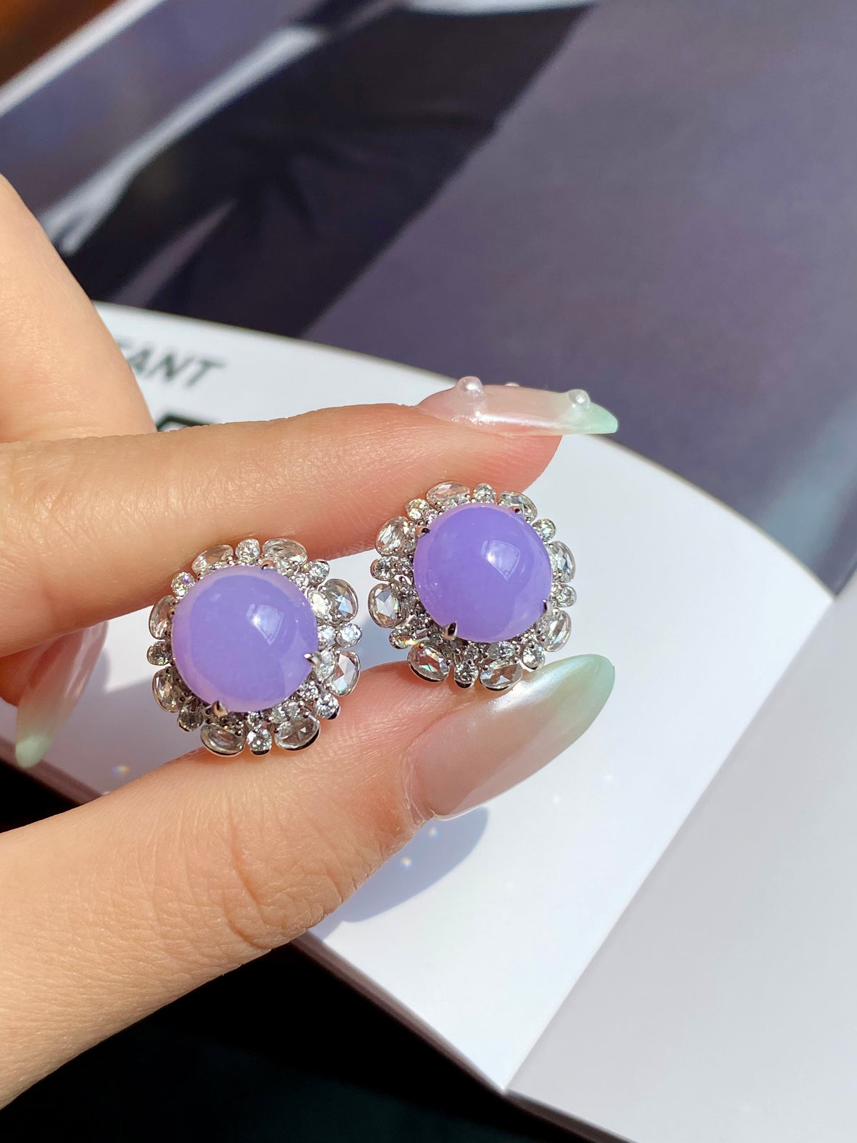 Lavender cabochon stud earrings with crystal halo, round setting in silver tone