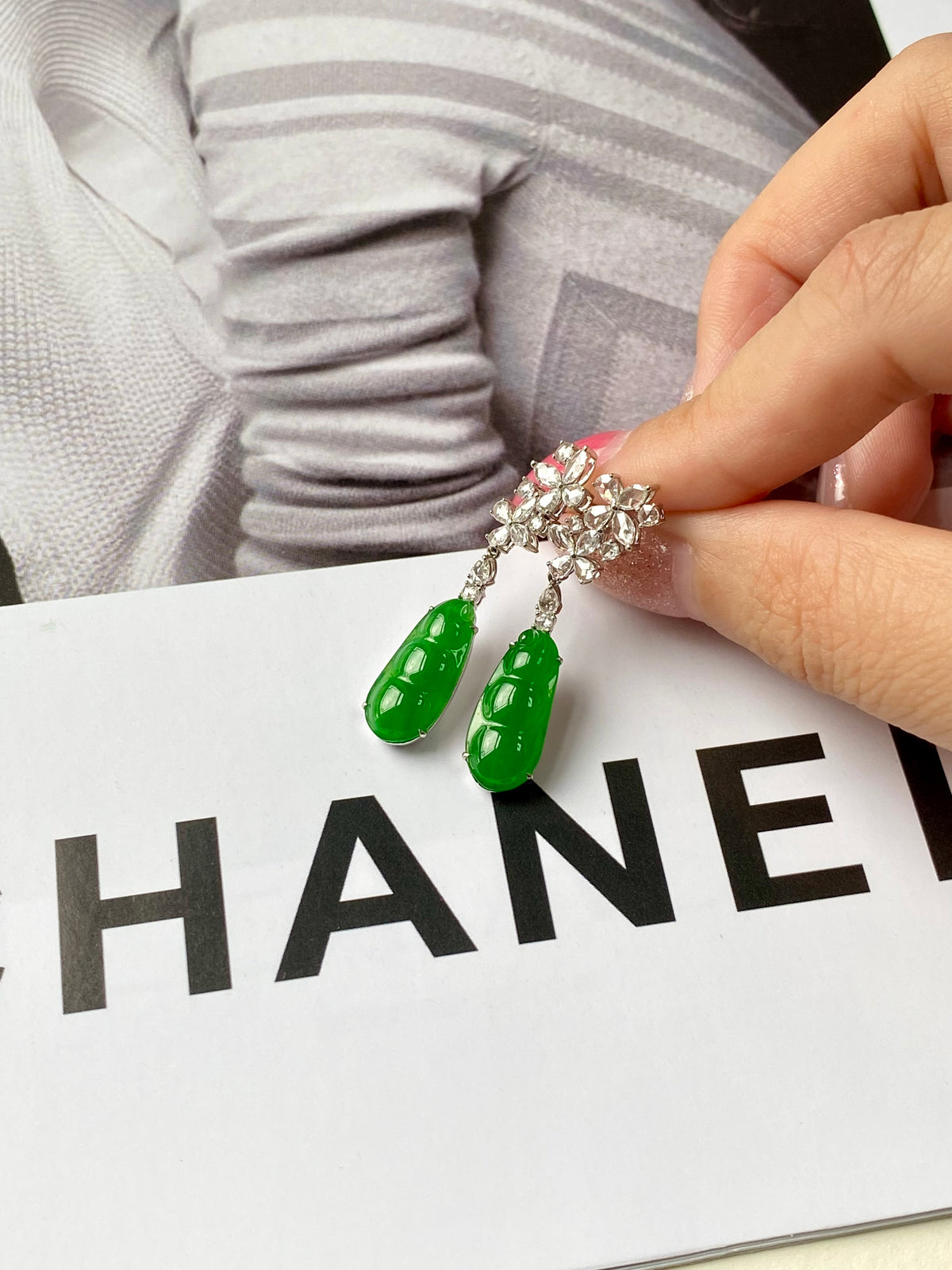 Green jadeite teardrop drop earrings with sparkling crystal cluster and chain detail