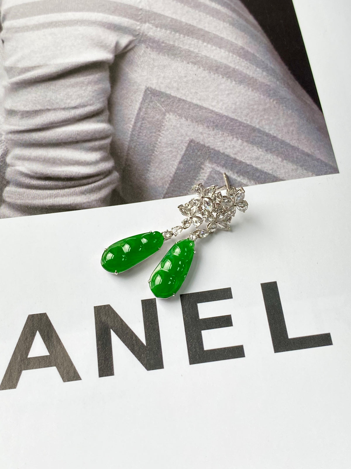 Green jadeite teardrop dangles with silver rhinestone cluster drop earrings