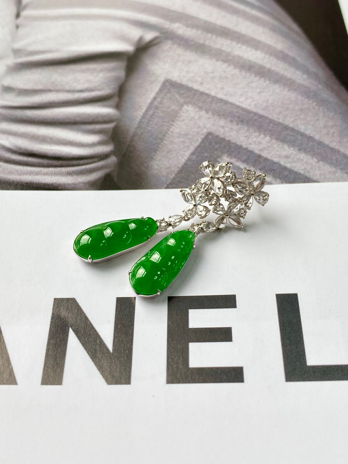 Rhinestone-capped pea-pod drop earrings with two green jade teardrop dangles