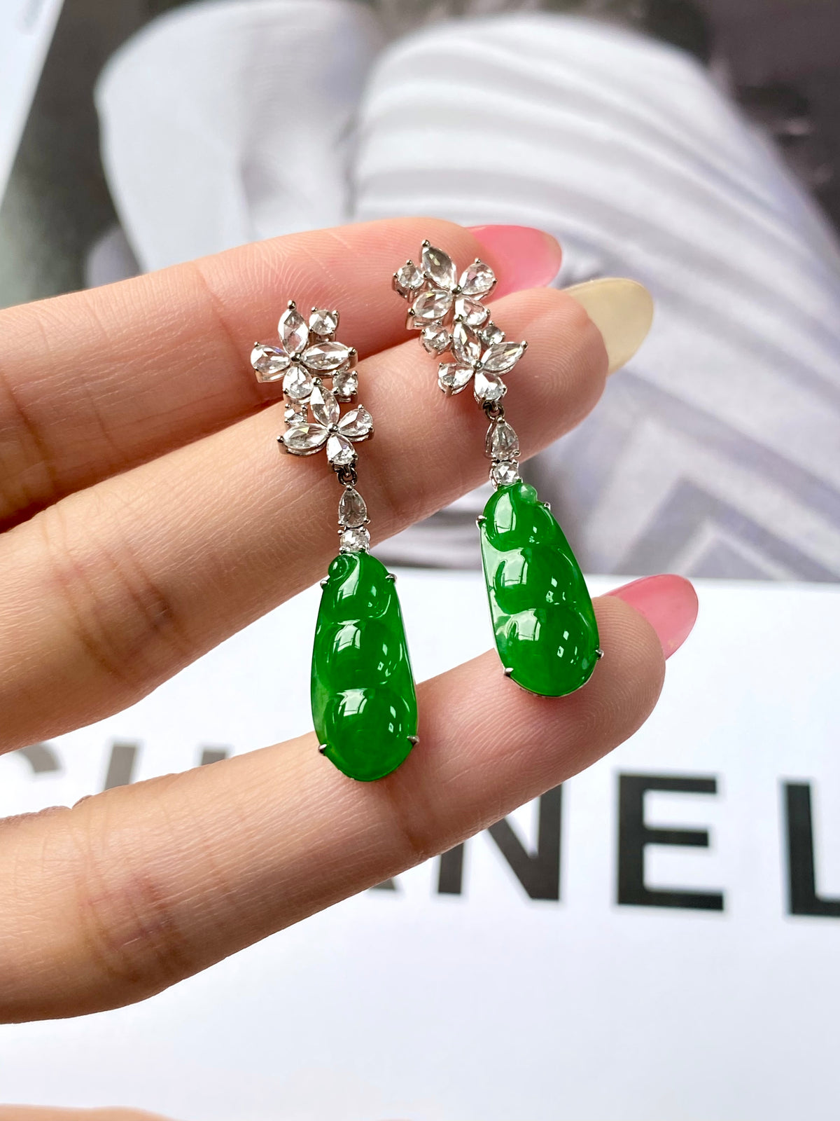 Jadeite pea-pod drop earrings with green teardrop stones and silver rhinestone tops