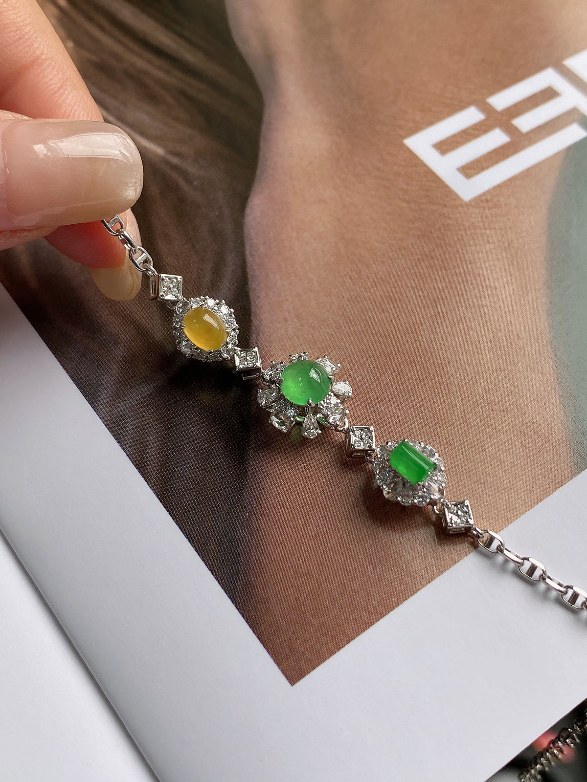 Silver jadeite cabochon bracelet with yellow and green flowers and clear sparkle stones