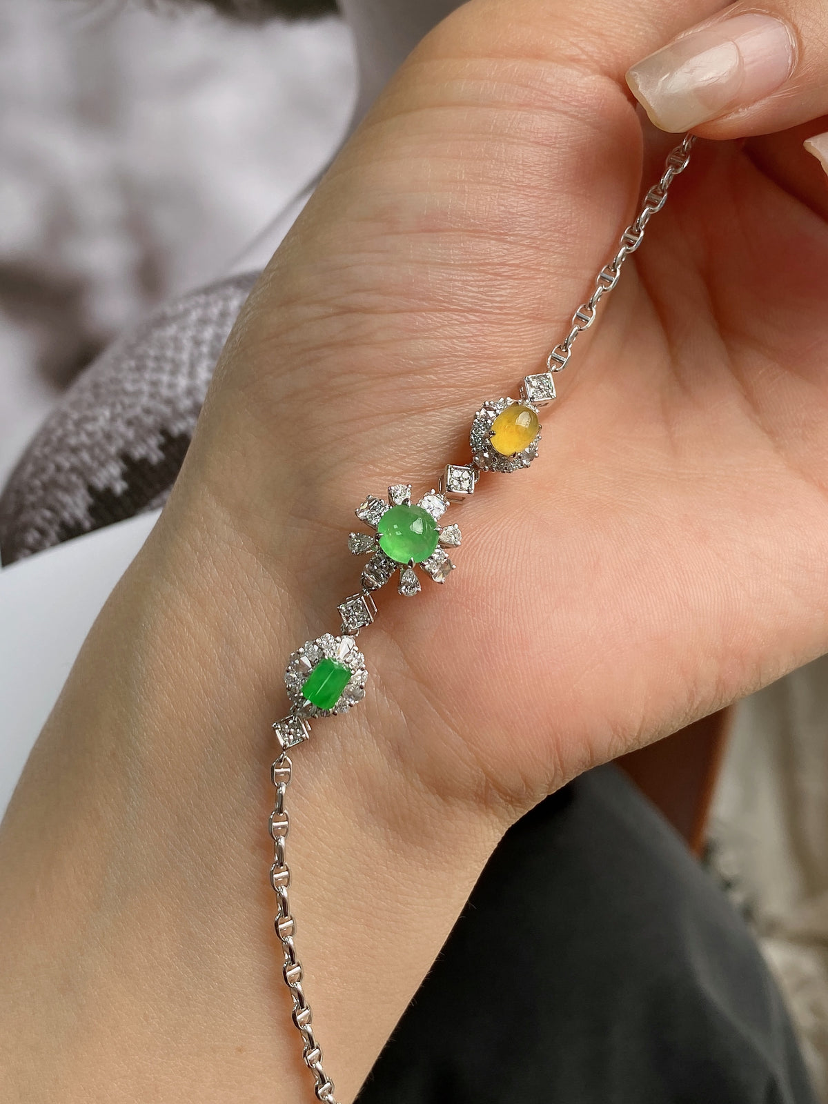 Silver chain bracelet with yellow and green cabochon jadeite floral settings