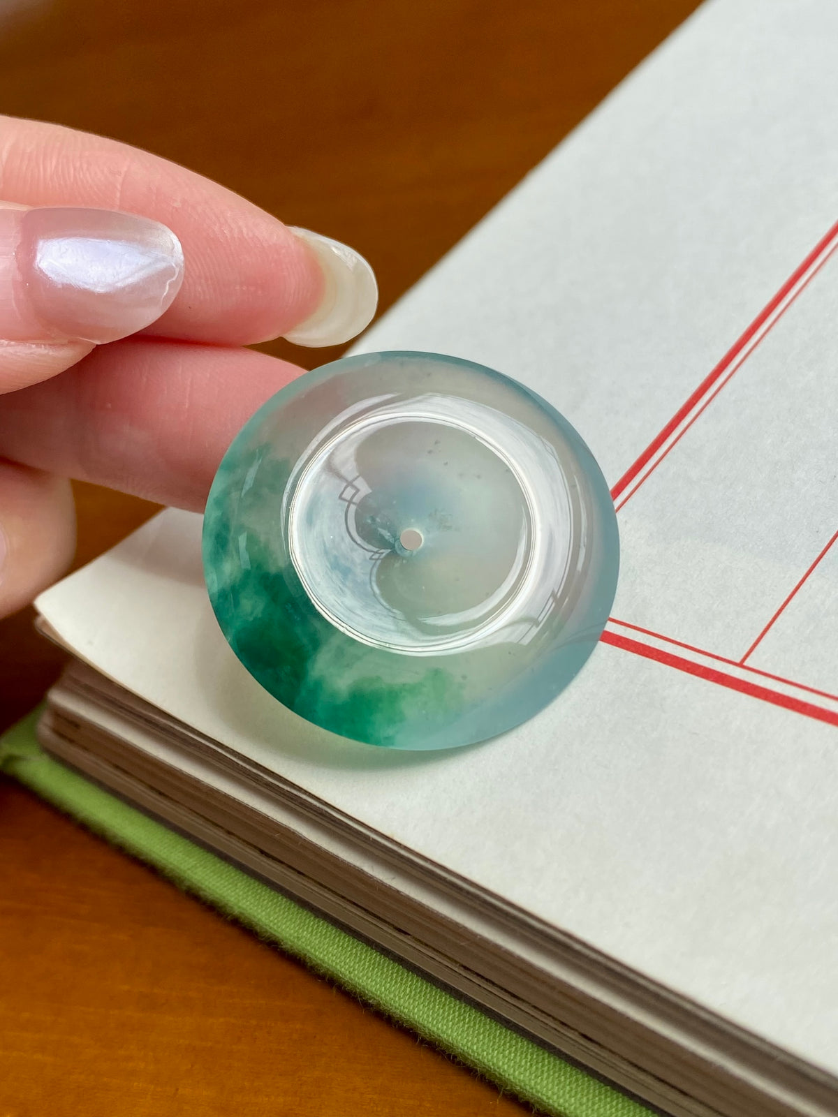 Green jadeite donut gemstone, unmounted round donut with center hole