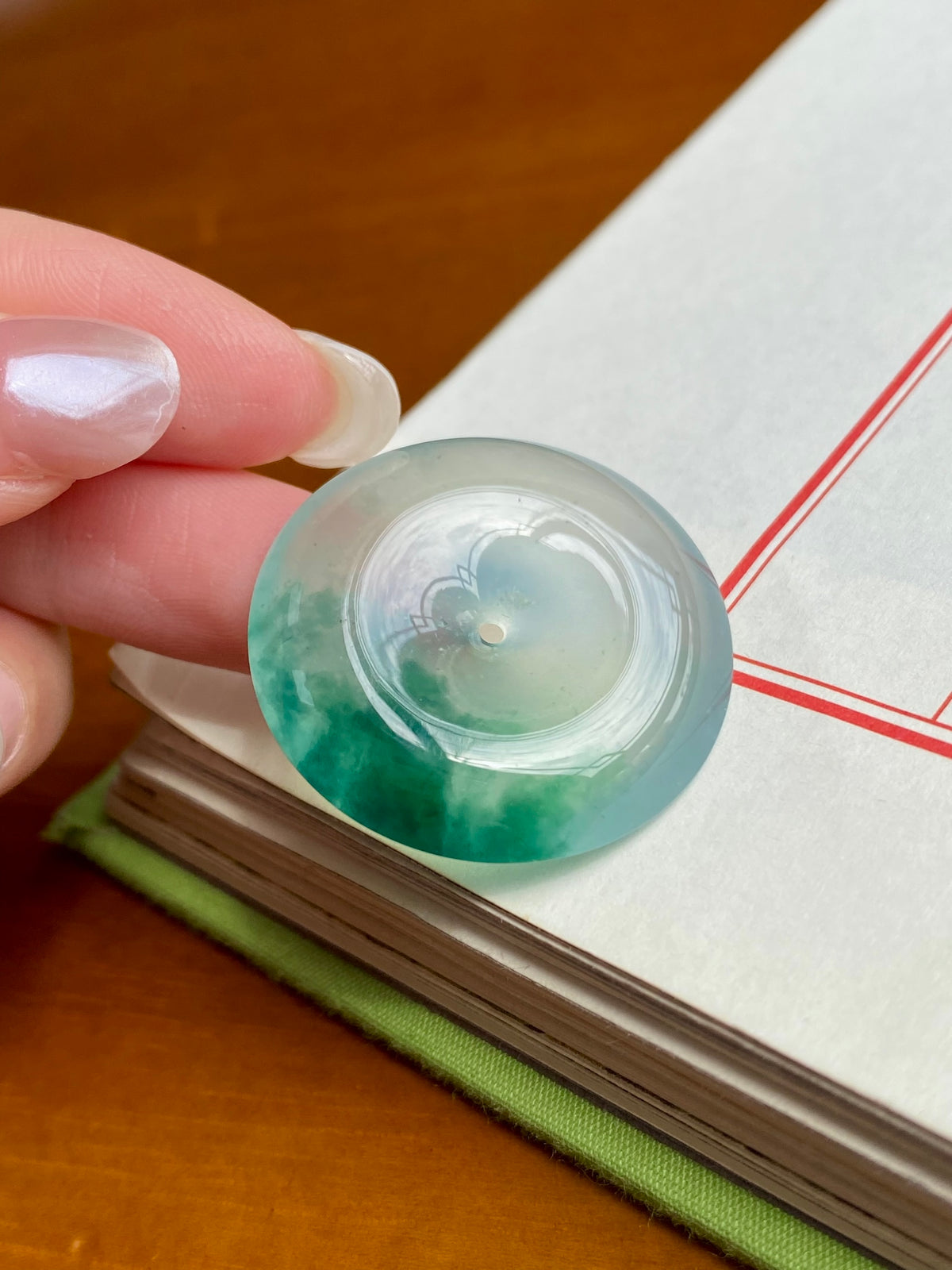 Green jadeite donut gemstone, unmounted round with central hole
