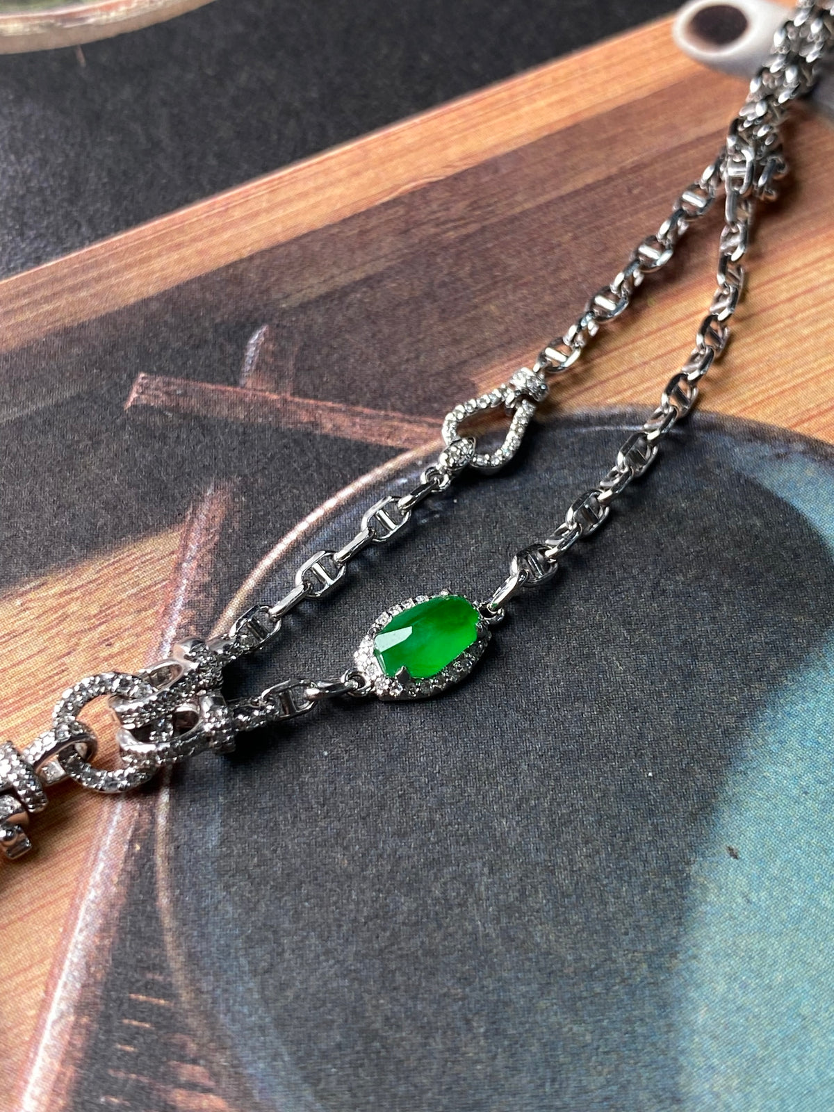 Jadeite donut necklace with silver chain and green stone pendant