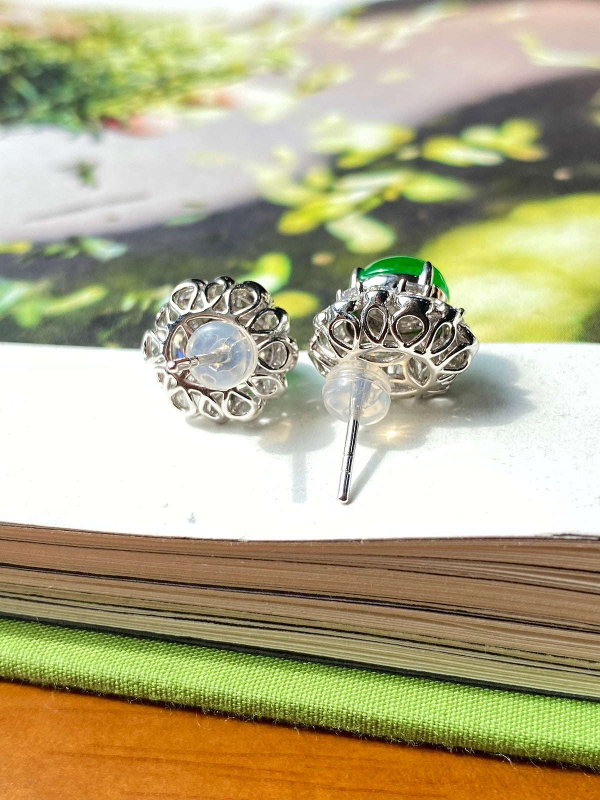 Green jade cabochon stud earrings, silver backs with post and ornate circular settings