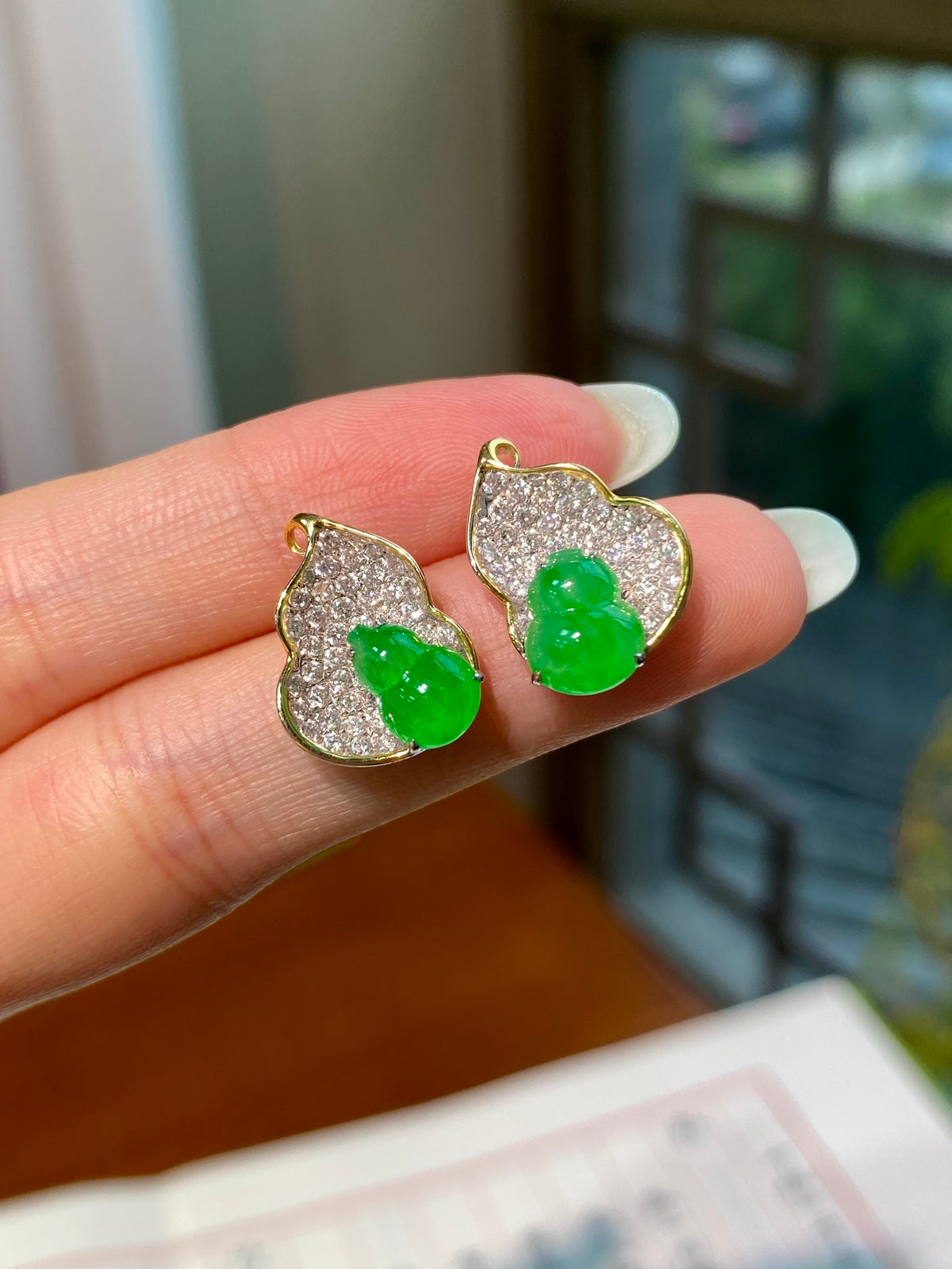 Jadeite gourd stud earrings with pavé clear stones