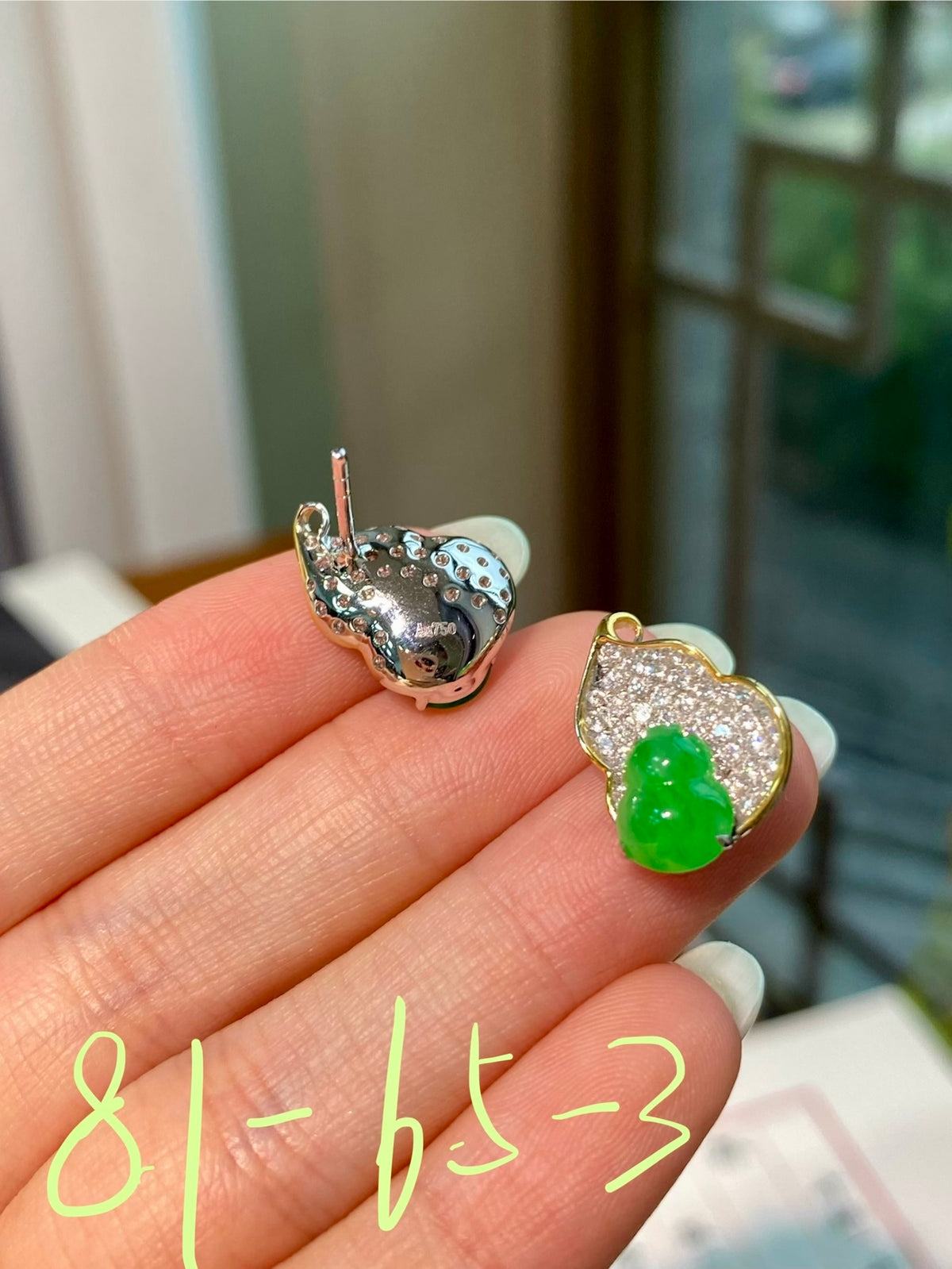 Jadeite gourd stud earring with green stone and pavé halo, front and back view