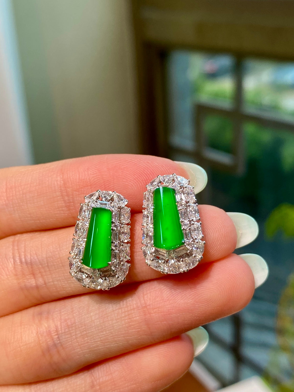 Green jadeite tablet stud earrings, centered green stones with round halo of clear crystals