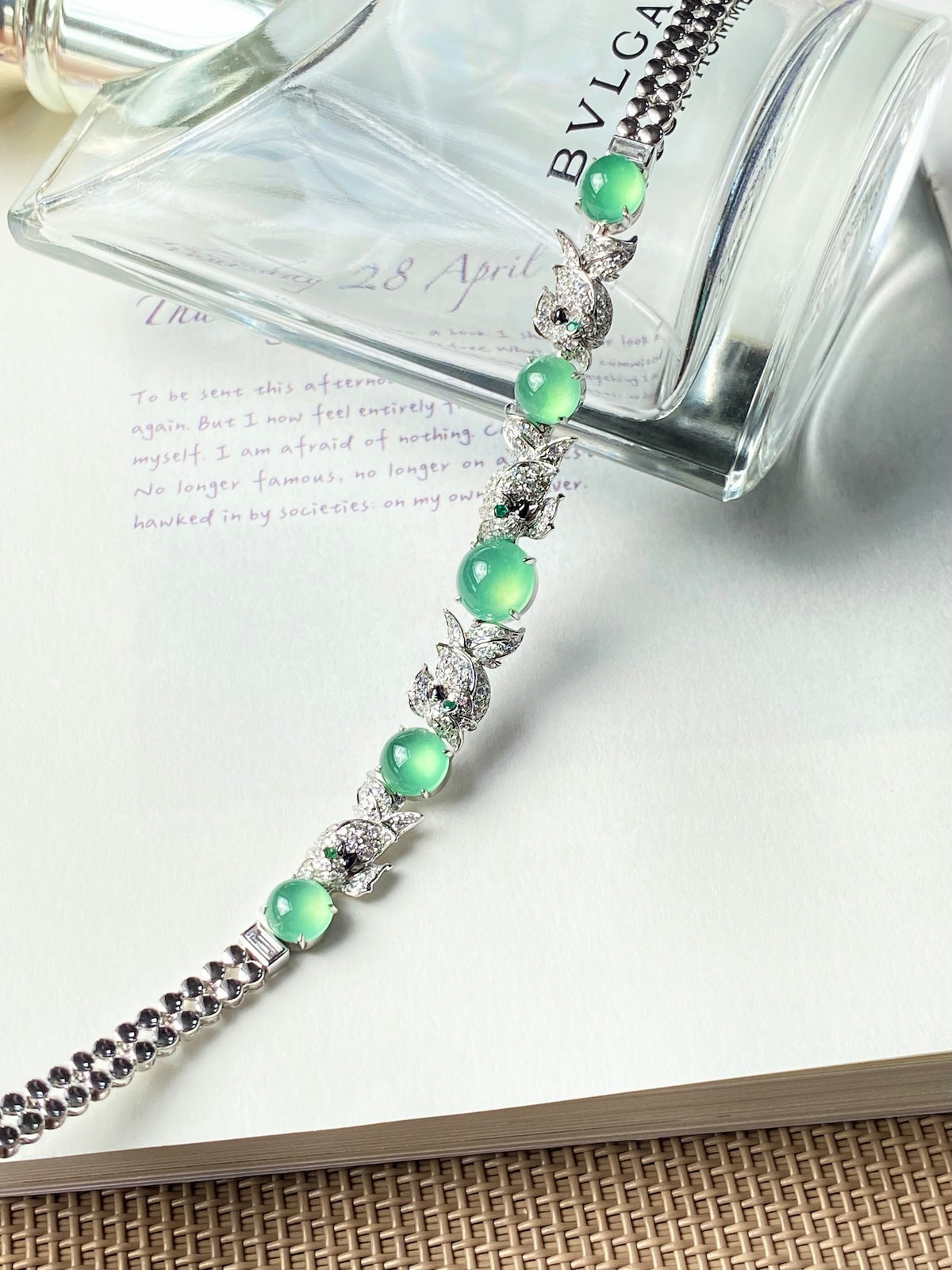 Green jadeite cabochon bracelet with alternating cabochons and diamond-style bezels