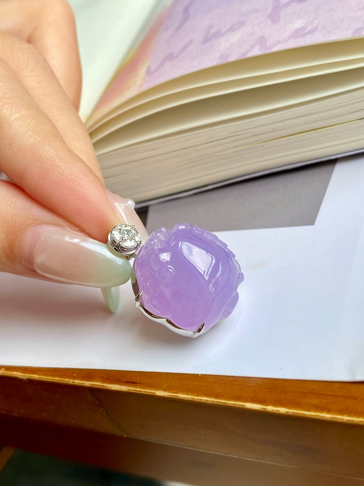 Lavender Pixiu jadeite pendant with carved design, gold-tone metal, round crystal accent