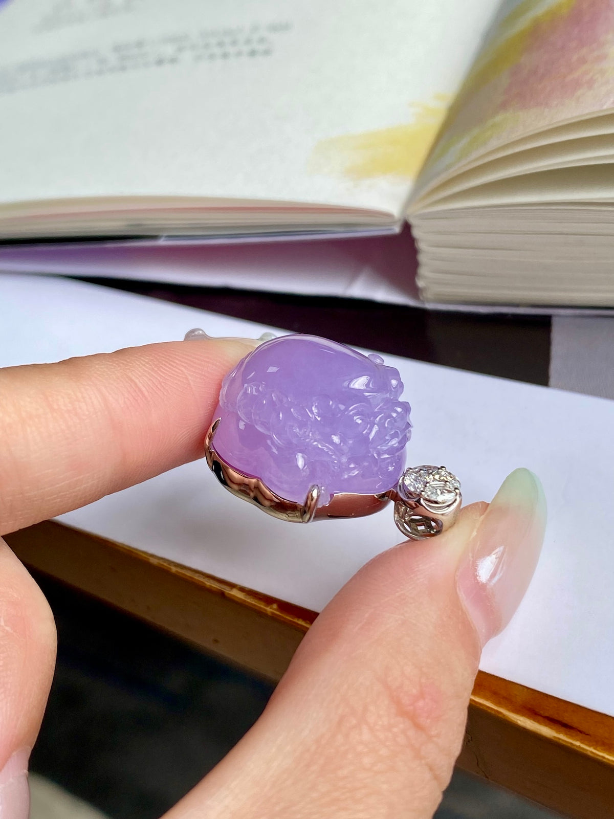 Lavender Pixiu jade pendant in gold-tone setting with two round crystal details