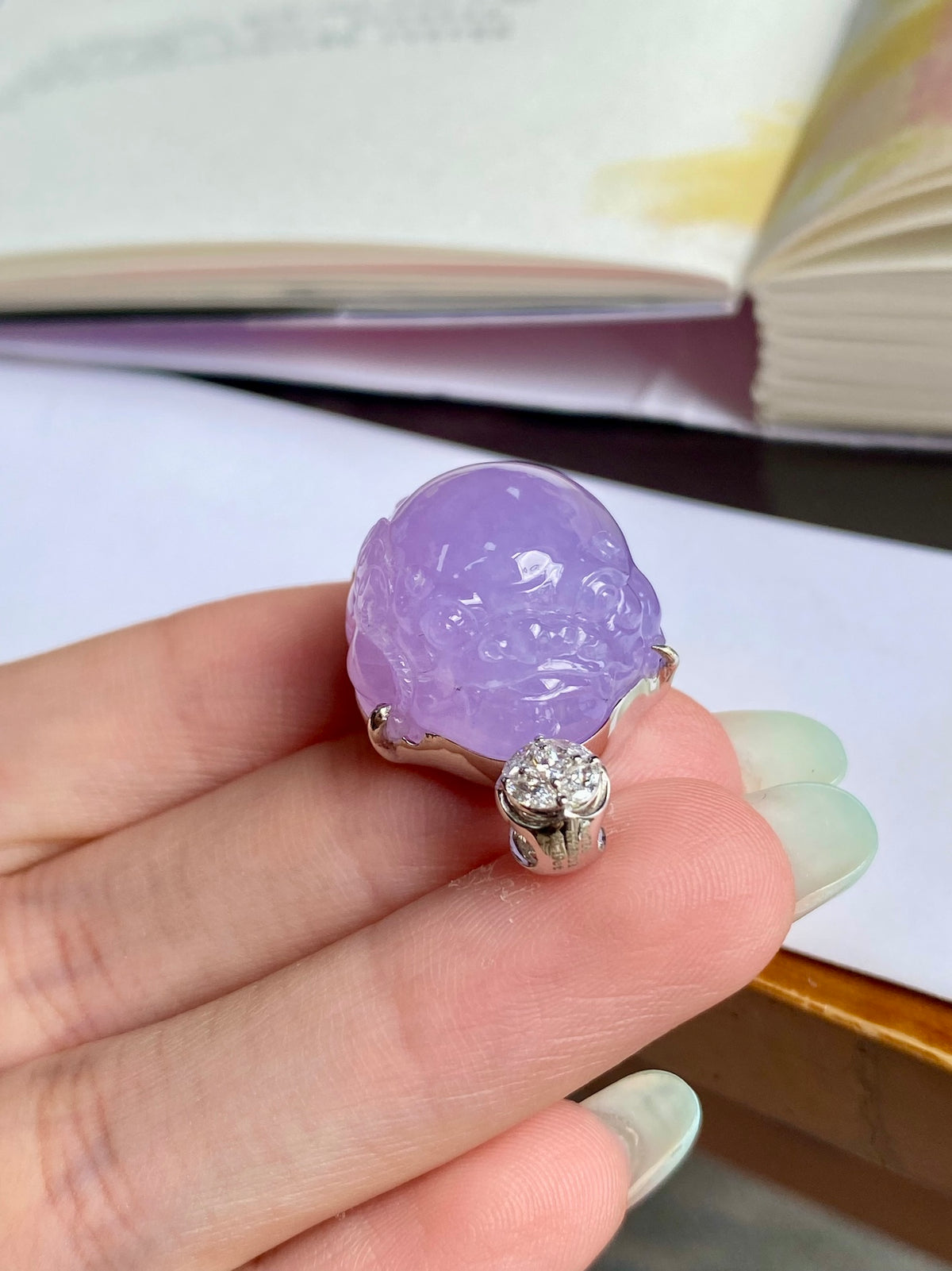 Lavender jadeite Pixiu pendant with gold-tone mount and round crystal accent