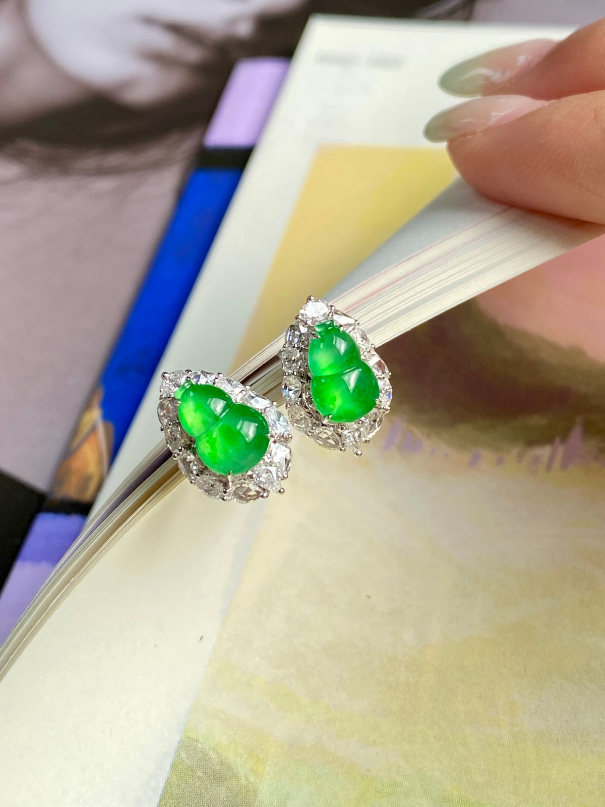 Green jadeite gourd stud earrings with crystal halo and silver-tone posts