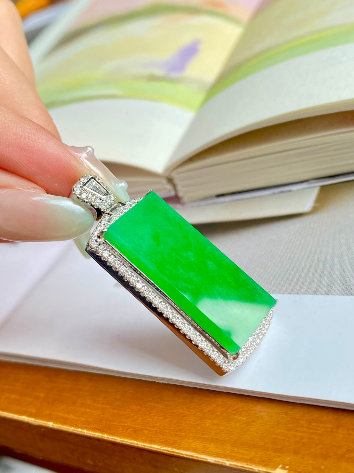 Green jadeite rectangular tablet pendant with diamond-like silver edging and pave