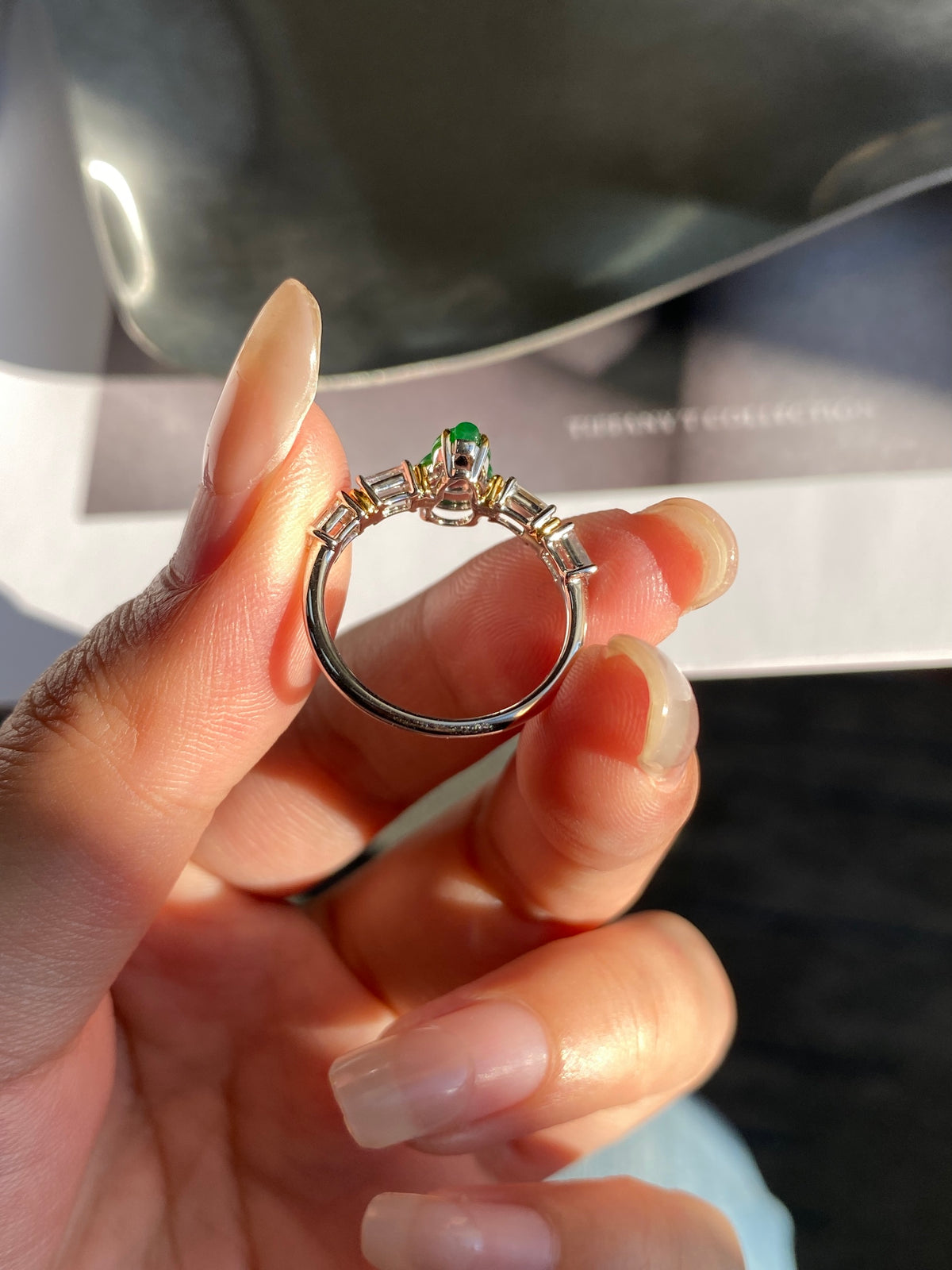 Green jadeite gourd ring, gold-tone open cuff-style setting with crystal highlights