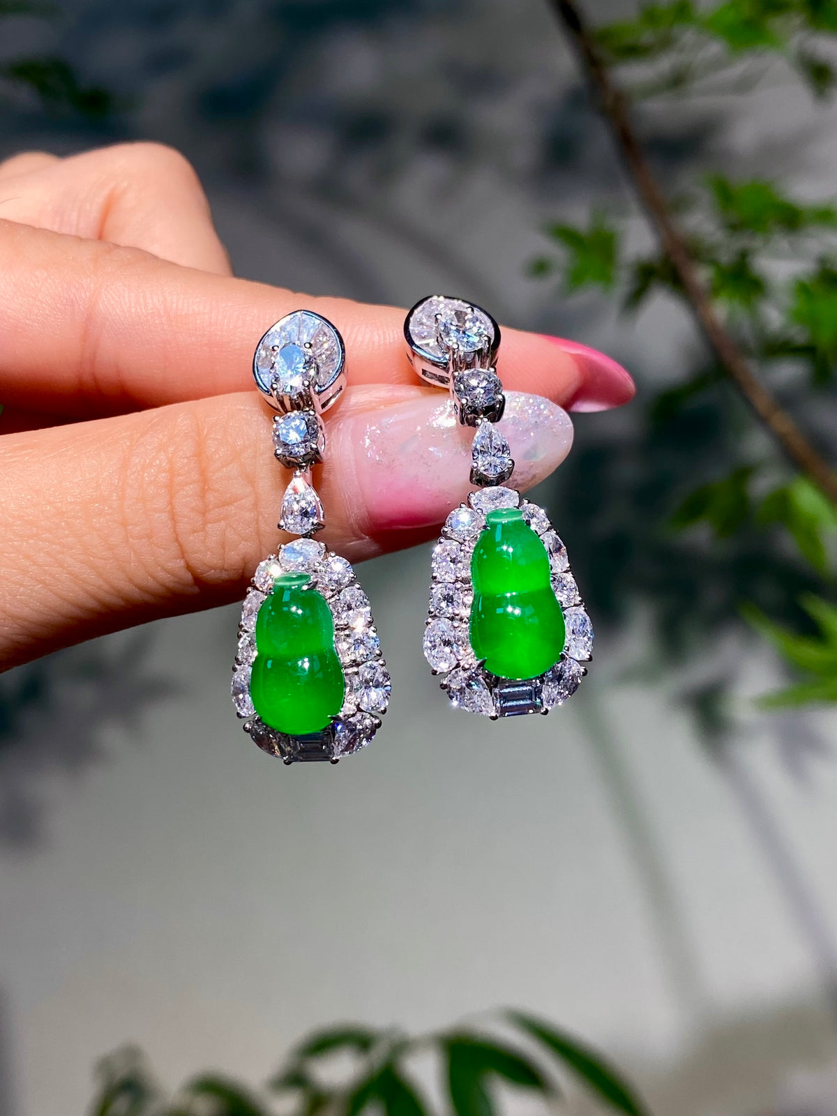 Jade gourd drop earrings in bright green with sparkling crystal halo drops