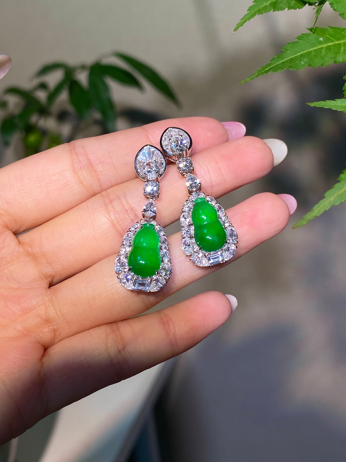 Jadeite gourd drop earrings with silver-tone pavé and bright green stones