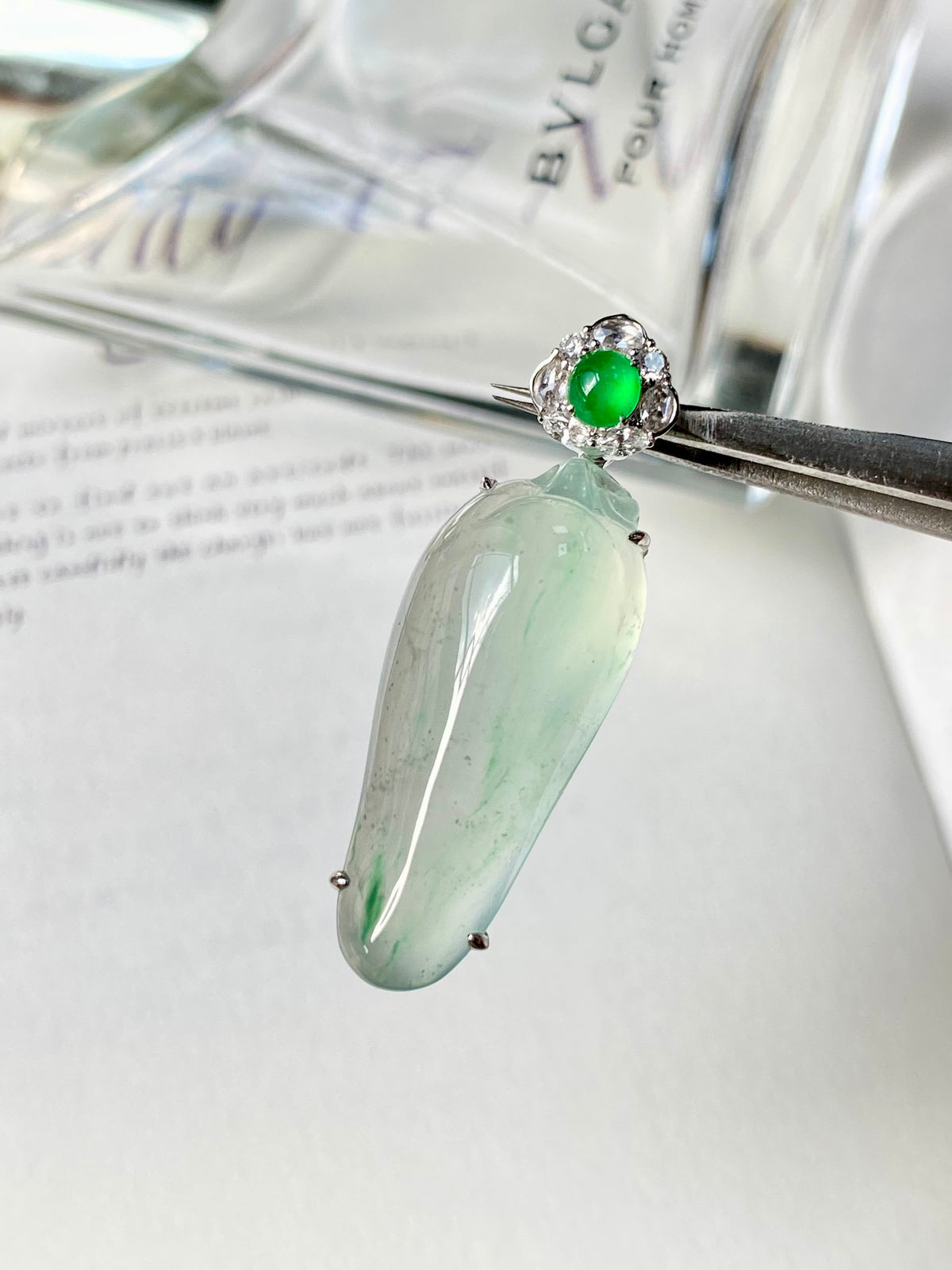 Green jadeite gourd pendant with round green gemstone cap and crystal halo, silver