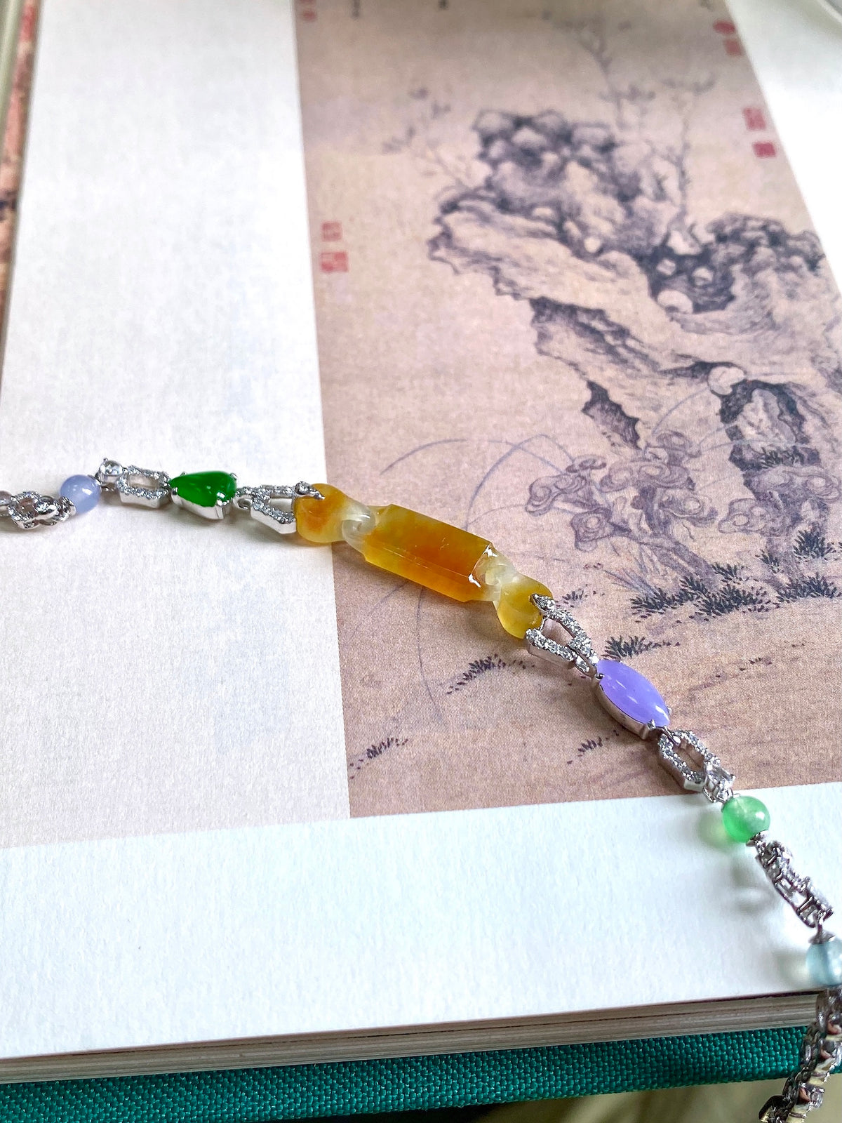 Yellow jadeite bead bracelet with silver-tone chain and colorful gemstone beads