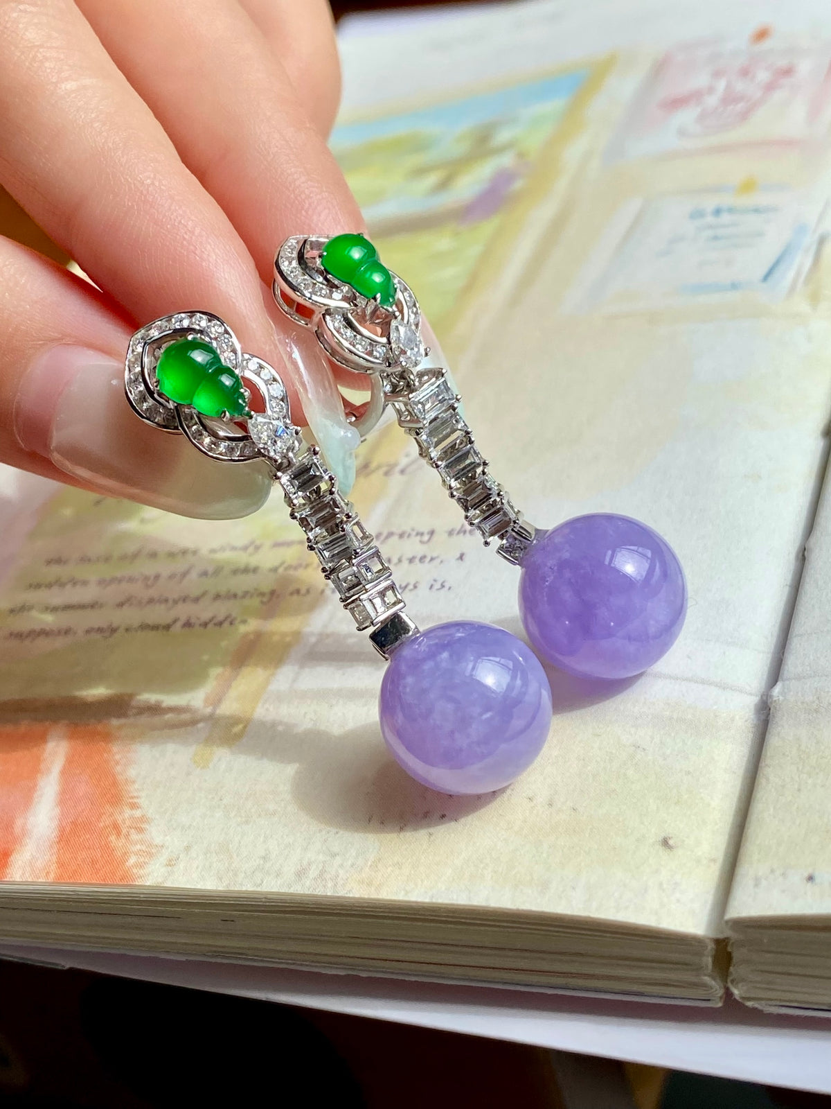 Jade bead drop earrings: green top beads, silver-tone chain, lavender round drops