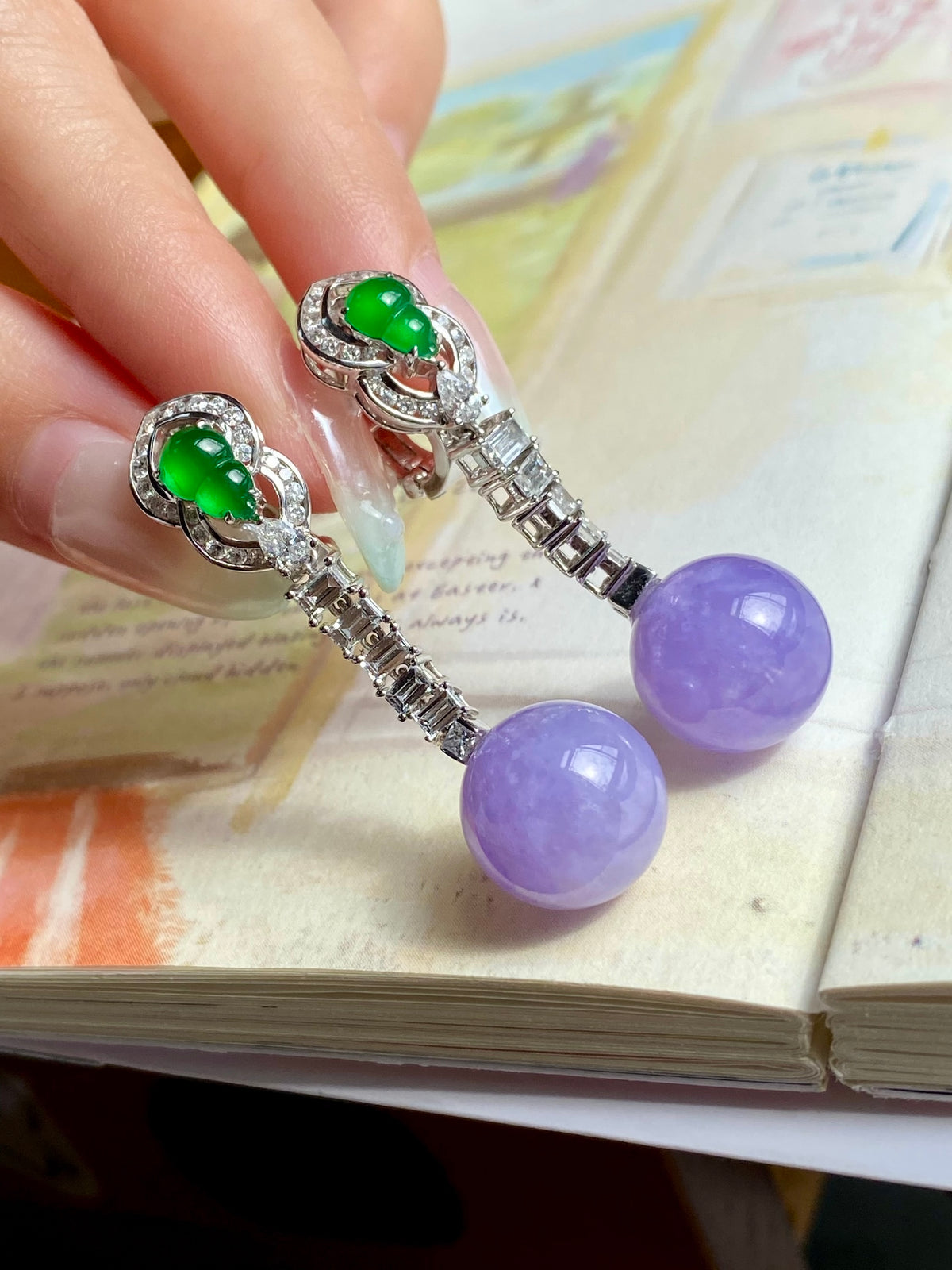 Green jade bead drop earrings with silver-tone chain and lavender round bottom beads