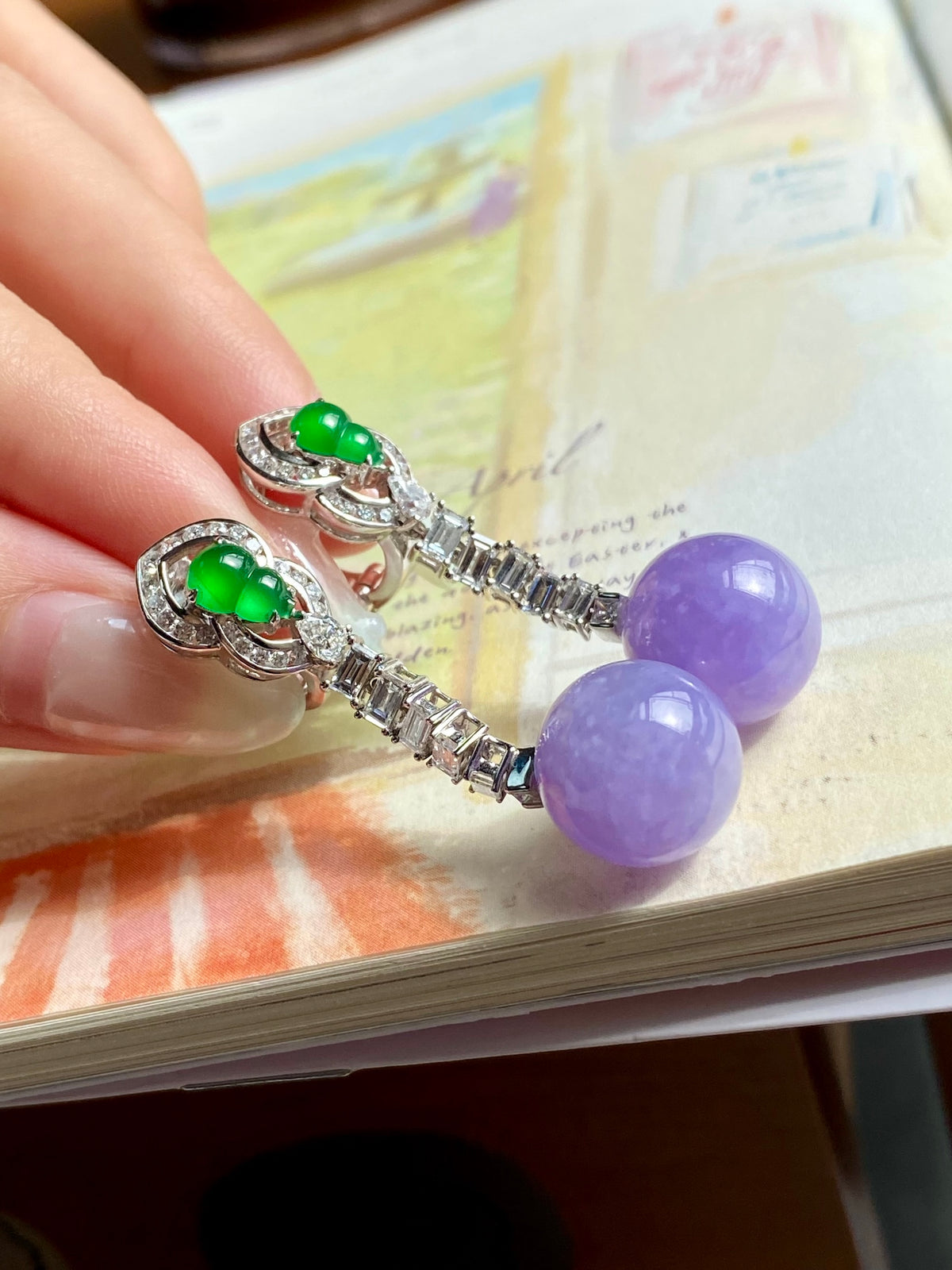 Silver-tone bead drop earrings with green top, lavender ball drops, arched connector detail