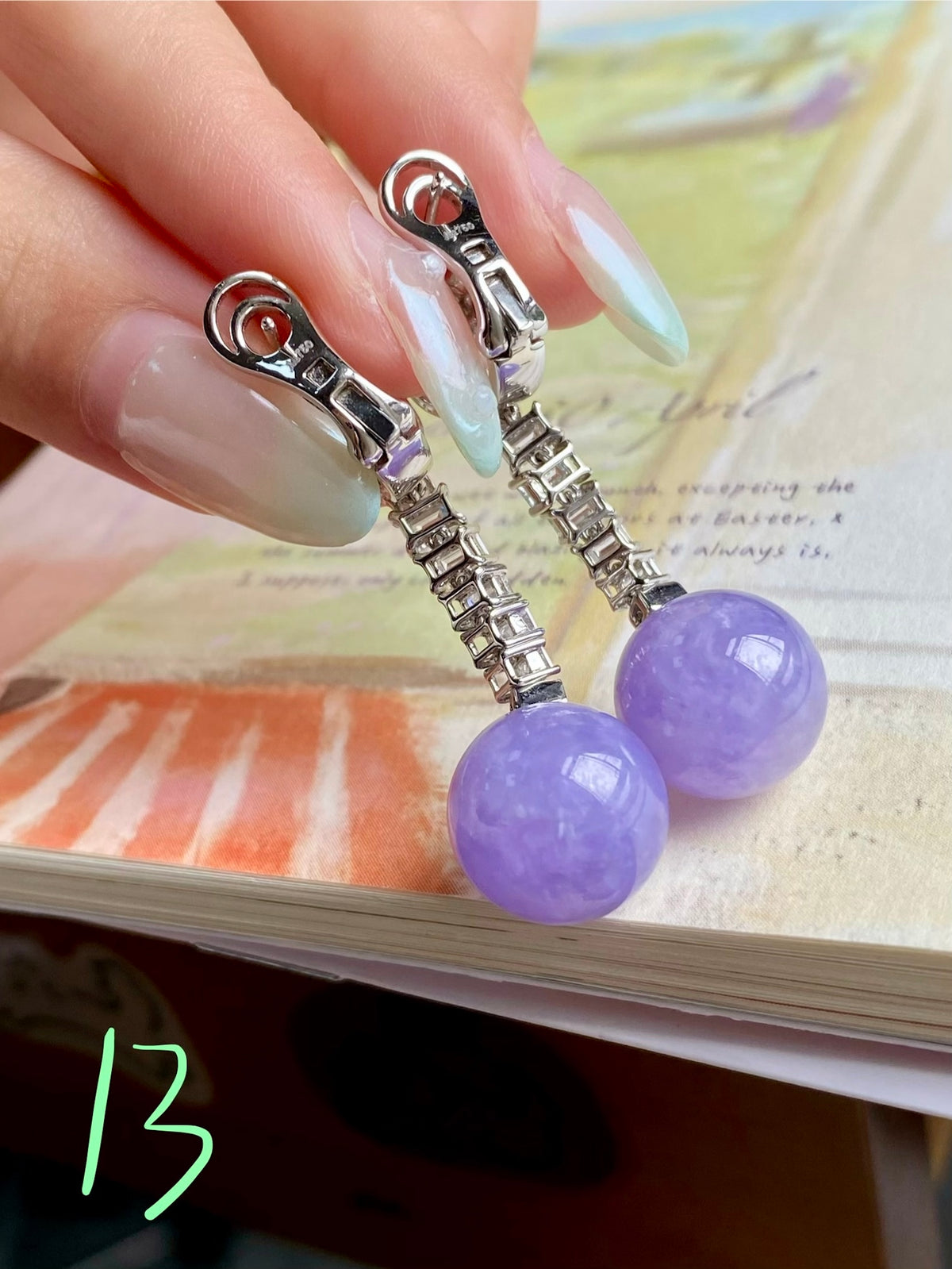 Lavender jade bead drop earrings with silver-tone dangling chain and round beads