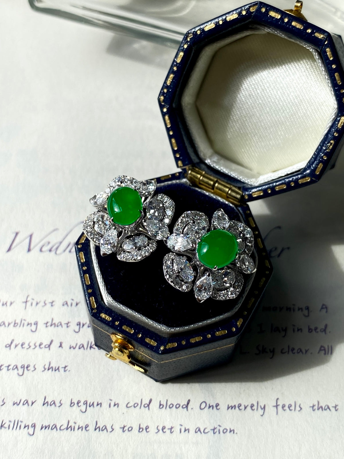 Green jade cabochon stud earrings with clear crystal cluster, in blue gift box