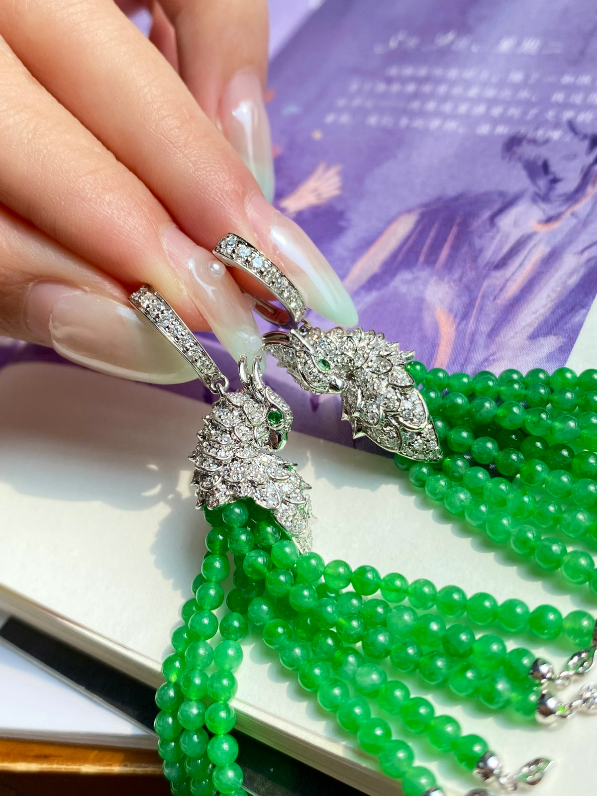 Green jadeite bead peacock drop earrings with rhinestone silver-toned frames