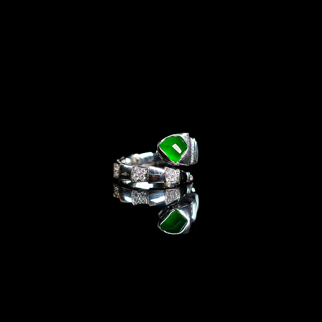 Open ring with green jadeite cabochon and rectangular crystal pavé, silver setting
