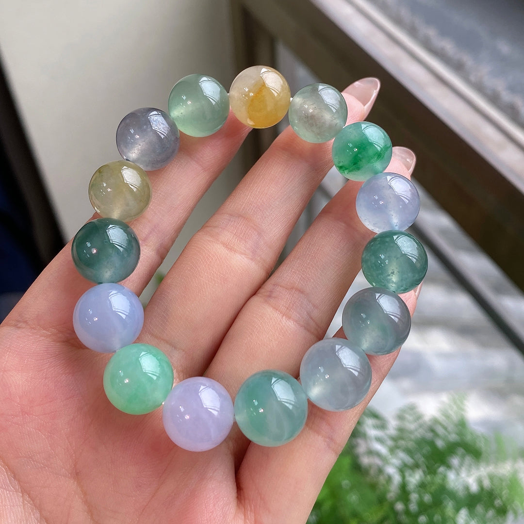 Multi-color jadeite beaded bracelet, round beads in green, gray-blue, lavender, and gold