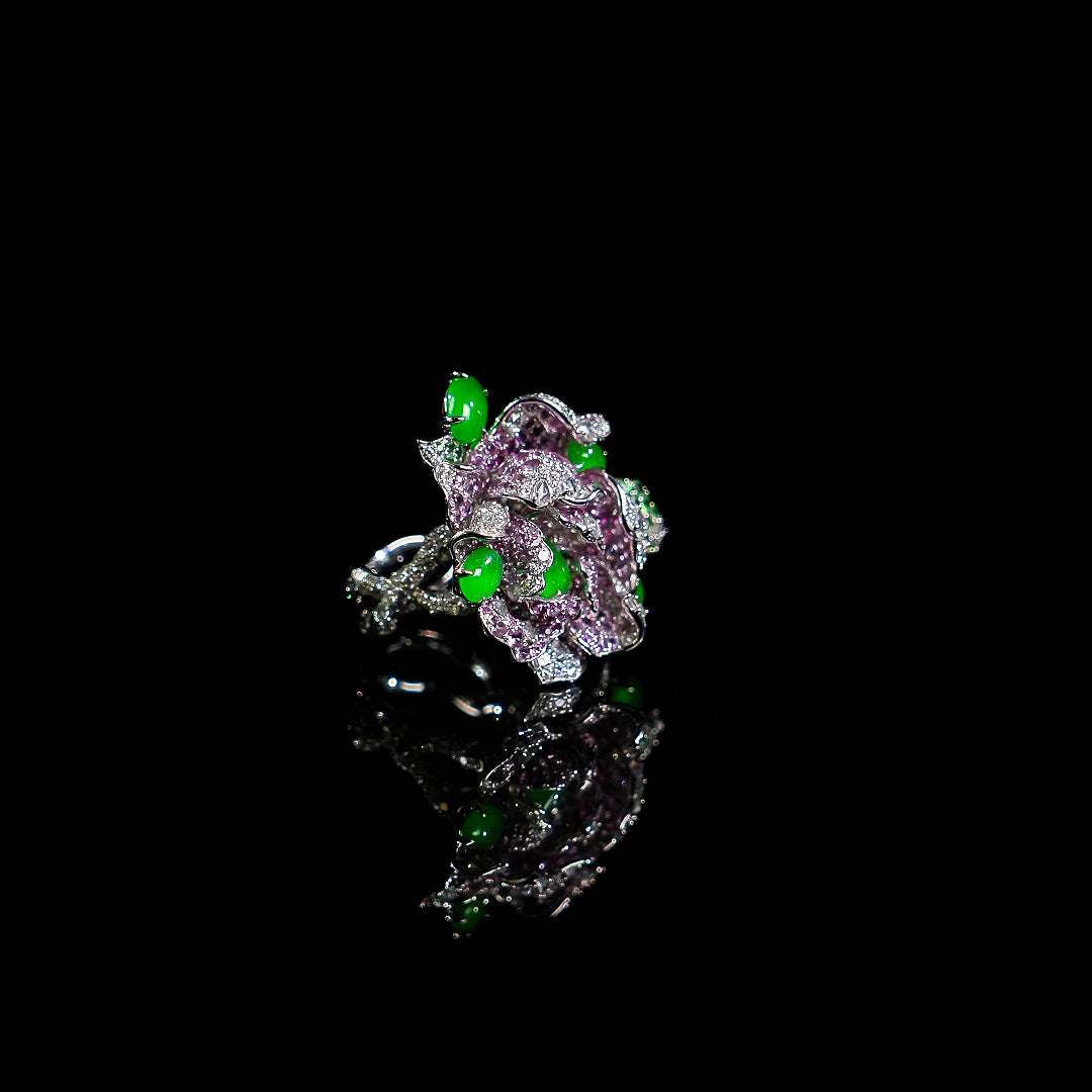 Jadeite camellia ring with green and pink gemstones